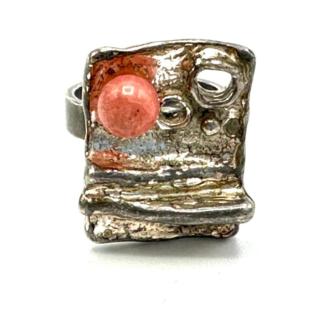 Vintage European 835 Silver & Rhodochrosite Ring—Brutalist Abstract Design